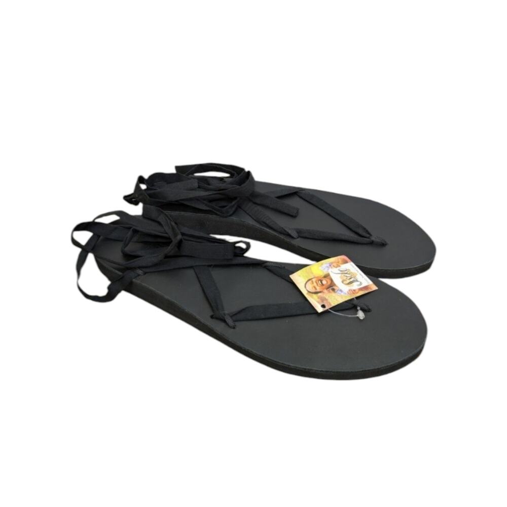 NEW Sseko Designs Black Sandals Base 12 Flats Ribbon Lace Up Strap Casual Shoes